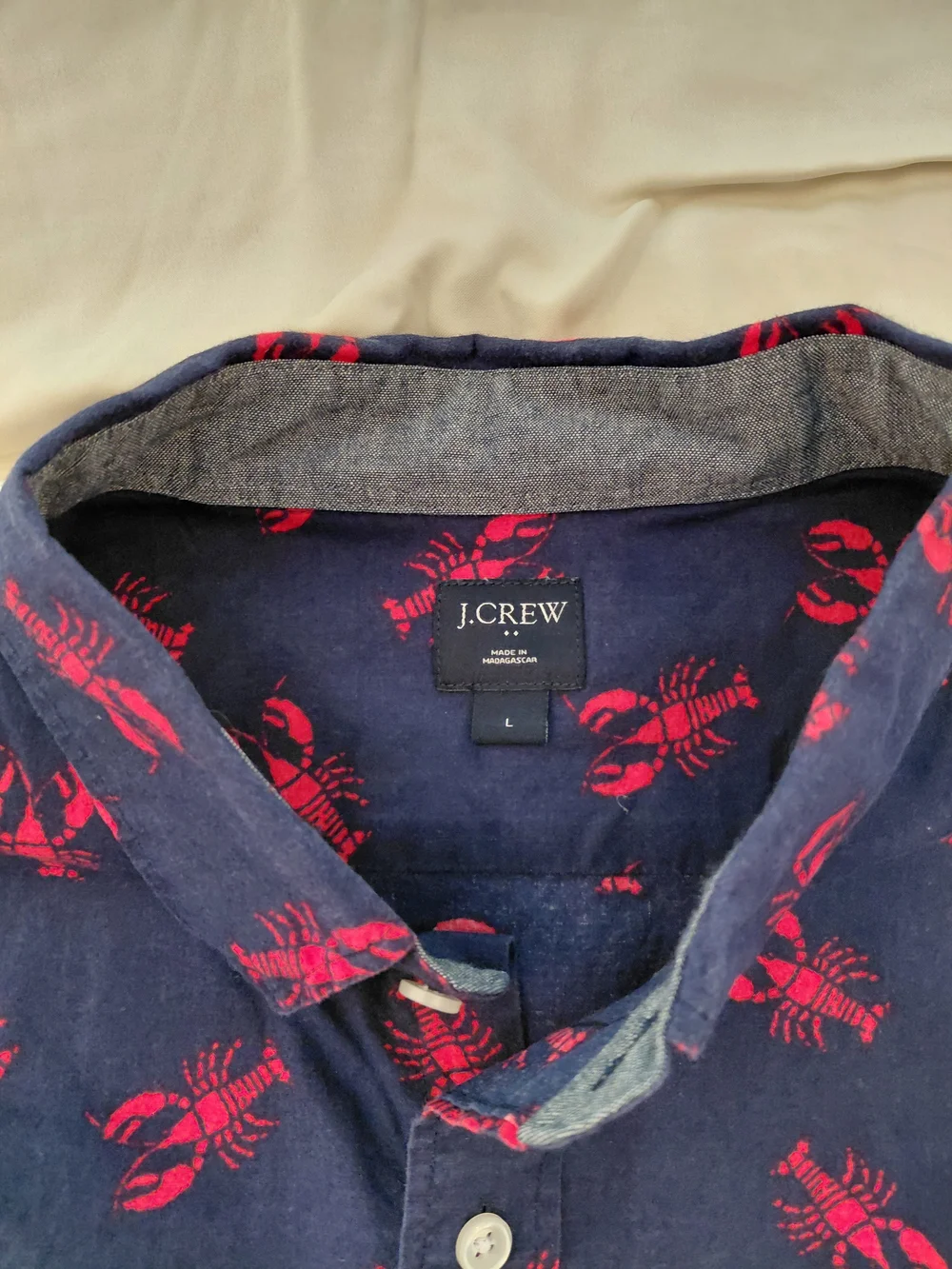 J. Crew Navy Short-Sleeve Button-Down Shirt with Red Lobster Print